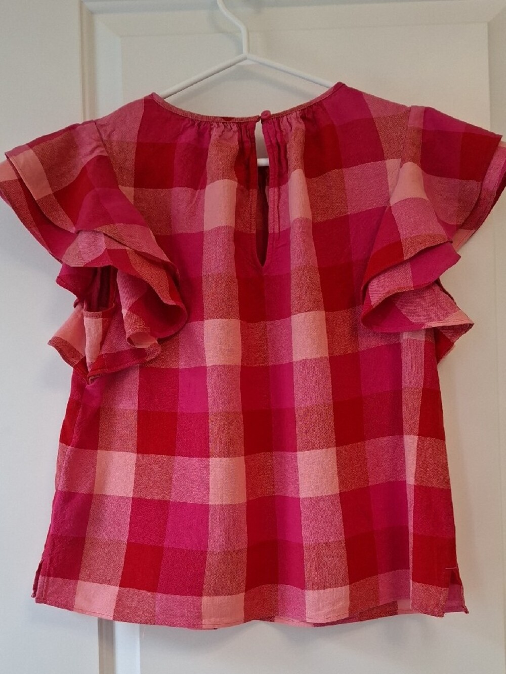 Kate Spade Pink & Red Gingham Ruffle Blouse Short Sleeve Top Linen Viscose - Picture 9 of 16